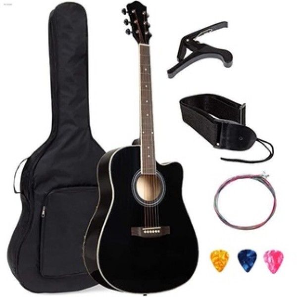 41'' Cutaway Jumbo full size Acoustic Guitar Combo pack 3 Years warranty With Bag, 3 Picks, Belt, Capo, String Set Super Combo (Bag, 1 pack Strings, Strap, Picks, Capo - Black, Natural