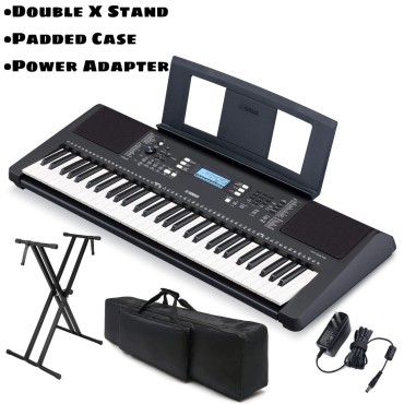 Yamaha PSRE373 Keyboard with Padded Case, Double X Stand, Power Adapter, Book Rest - 61-Key Touch Sensitive Portable Keyboard