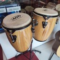 MP Double Mini CONGA DRUM SET with Stand and Tuning Wrench - NATURAL WOOD