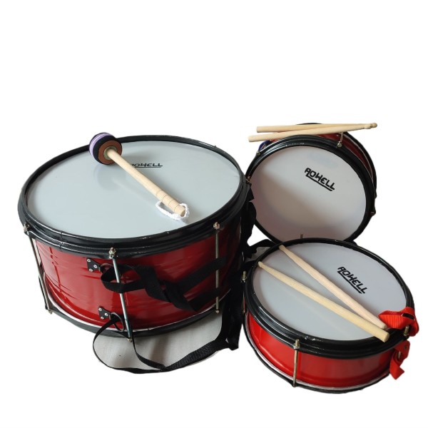 1pc 16'' Bass Drum, 2pcs10'' Side drum - with Drum Stick Pair, Belt, Beater - Red 