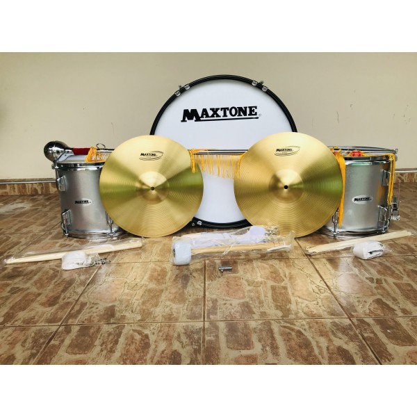 Maxtone School Marching Band Instruments Full Set 24'' Bass Drum, 2pcs 14'' Side Drum, 14'' Cymbal pair, 60'' Leader Mace Silver