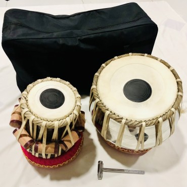 Indian Kulkata Tabla Drum, Deluxe Steel Bayan 2 KG, Chrome Finish, Sheesham Wood Dayan, Hand Made Drum Skin, Leather Straps to Tune, Tuning Hammer, & Pegs, Gig Bag, Cushion & Cover, Best For Student & Beginner  (Dayan - 13 cm, Bayan - 24 cm)