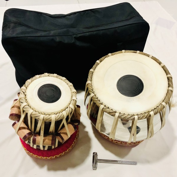 Indian Kulkata Tabla Drum, Deluxe Steel Bayan 2 KG, Chrome Finish, Sheesham Wood Dayan, Hand Made Drum Skin, Leather Straps to Tune, Tuning Hammer, & Pegs, Gig Bag, Cushion & Cover, Best For Student & Beginner  (Dayan - 13 cm, Bayan - 24 cm)