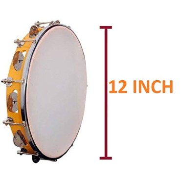 12 Inch Tambourine with Hammer Handbell Hand Drum with Double Row Jingles Percussion Instrument