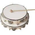 12 Inch Tambourine with Hammer Handbell Hand Drum with Double Row Jingles Percussion Instrument
