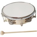 12 Inch Tambourine with Hammer Handbell Hand Drum with Double Row Jingles Percussion Instrument