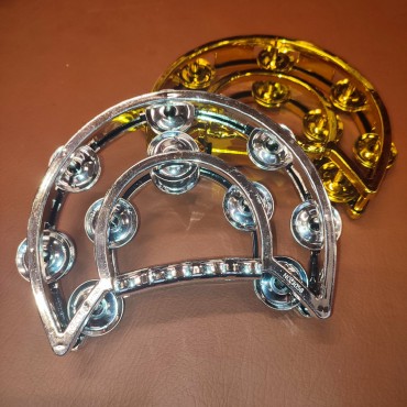 Kids Double Row Tambourine 6''x5'' Half Moon Metal - Silver Gold Musical Jingles Hand Held 6 Inch Double Row Tambourine, Metal Hand Held Percussion with Ergonomic Handle, marching band school band Half Moon Tambourine for Gift, KTV, Party, 2 Colors