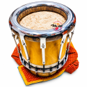 Traditional Thavil Drum with Wooden Body, Natural Drum Heads, Chrome-Plated Metal Tension Hardware, Adjustable Tuning Rods, Traditional Red Padded Cloth Cushion, Yellow Gold Finish, South Indian Tamil Temple Music, Cultural Festivals