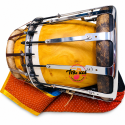 Traditional Thavil Drum with Wooden Body, Natural Drum Heads, Chrome-Plated Metal Tension Hardware, Adjustable Tuning Rods, Traditional Red Padded Cloth Cushion, Yellow Gold Finish, South Indian Tamil Temple Music, Cultural Festivals