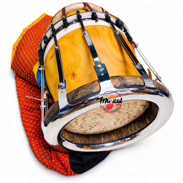 Traditional Thavil Drum with Wooden Body, Natural Drum Heads, Chrome-Plated Metal Tension Hardware, Adjustable Tuning Rods, Traditional Red Padded Cloth Cushion, Yellow Gold Finish, South Indian Tamil Temple Music, Cultural Festivals