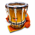 Traditional Thavil Drum with Wooden Body, Natural Drum Heads, Chrome-Plated Metal Tension Hardware, Adjustable Tuning Rods, Traditional Red Padded Cloth Cushion, Yellow Gold Finish, South Indian Tamil Temple Music, Cultural Festivals