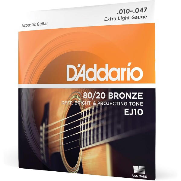 D'Addario EJ10 Guitar Strings 10-47 100% Genuine - Acoustic Guitar Strings - 80/20 Bronze - For 6 String Guitar - Deep, Bright, Projecting Tone - EJ10 - Extra Light, 10-47