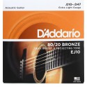 D'Addario EJ10 Guitar Strings 10-47 100% Genuine - Acoustic Guitar Strings - 80/20 Bronze - For 6 String Guitar - Deep, Bright, Projecting Tone - EJ10 - Extra Light, 10-47