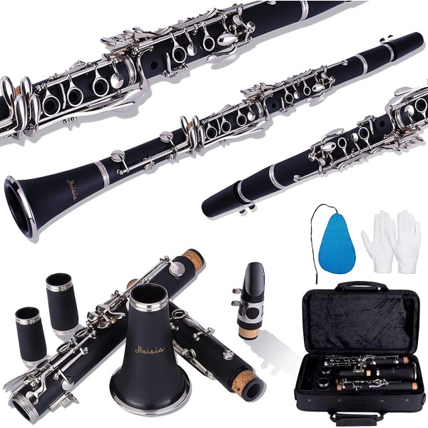 Lark Brand Bb Clarinet B Flat – Beginner Student 17 Nickel Keys Clarinet with Nickel-Plated Keys for School Band & Orchestra, Adults & Kids, Complete Set with Hard Case, Stand, Cleaning Kit, Barrels, Gloves, Strap, Pads & Reeds