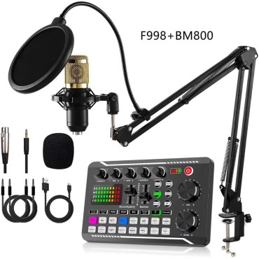 F998 Sound Card and BM800 Microphone Kit 2-Channel USB Audio Mixing Console for Singing, PC, Phone Soundcard for live singing, Streaming, Vlog, tiktok live icrophone Kit,with Live Sound Card,Audio Mixer Condenser PC Gaming Mic, Soundcard