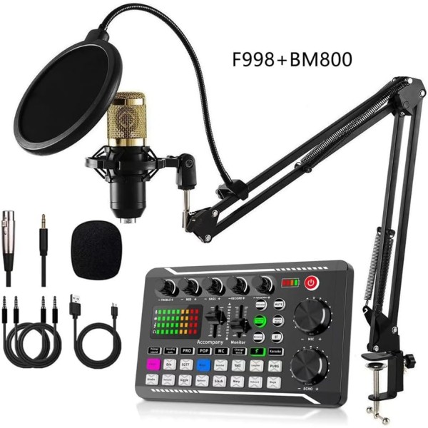 F998 Sound Card and BM800 Microphone Kit 2-Channel USB Audio Mixing Console for Singing, PC, Phone Soundcard for live singing, Streaming, Vlog, tiktok live icrophone Kit,with Live Sound Card,Audio Mixer Condenser PC Gaming Mic, Soundcard