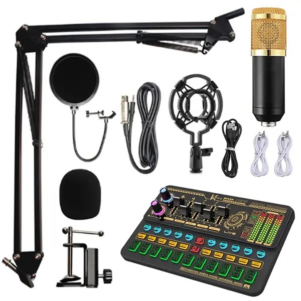 K500 Sound Card With Condenser Mic, Stand, pop Filter, Ear phone Full Set K500 Sound Effects Board Mobile Phone Computer Live Sound Card Microphone Voice Changer Sound Card For Phone/Computer