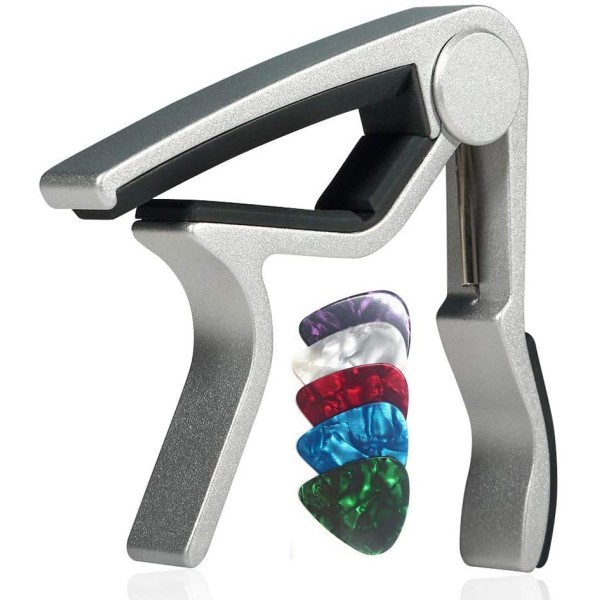 Guitar capo with 5 Picks for 6 String Steel Acoustic and Electric Guitars with 5 Celloloid 0.46mm Picks for Free For banjo, mandolin or ukulele ගිටාර් බැන්ජෝ මැන්ඩලින් හෝ උකුලෙලේ සඳහා නොමිලේ 5ක් සහිත සෙලොලොයිඩ් 0.46mm පික්ස්