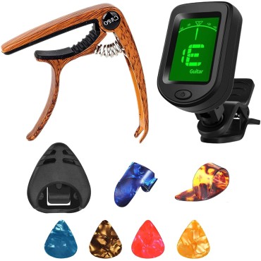 Guitar Capo, Guitar Picks, Guitar Accessories with Guitar Tuner, Capo for Acoustic Guitar, Bass, Buzzing-Free, Quick Release, Guitar Tuner Clip on for Guitar, Violin, Bass, Ukulele Chromatic