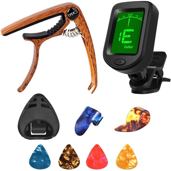 Guitar Capo, Guitar Picks, Guitar Accessories with Guitar Tuner, Capo for Acoustic Guitar, Bass, Buzzing-Free, Quick Release, Guitar Tuner Clip on for Guitar, Violin, Bass, Ukulele Chromatic