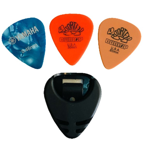 3 pcs Picks and 1 pc Pick Holder -3 different thickness 0.46/0.50/0.60 mm picks Random Colour 1pc 0.46mm Celloloid picks, 2pcs Dunlop nylon guitar Picks (3 different thickness) and 1 pick holder Black