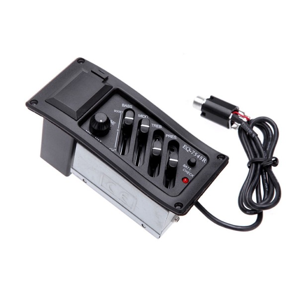 Guitar Equalizer Unit with Battery – 4 Band EQ Acoustic Guitar Pickup Preamp, Built-in Pre-Amplifier System with Volume Control, Bass, Middle, Treble Adjustment – Acoustic Guitar EQ Pickup System for Clear Sound Amplification